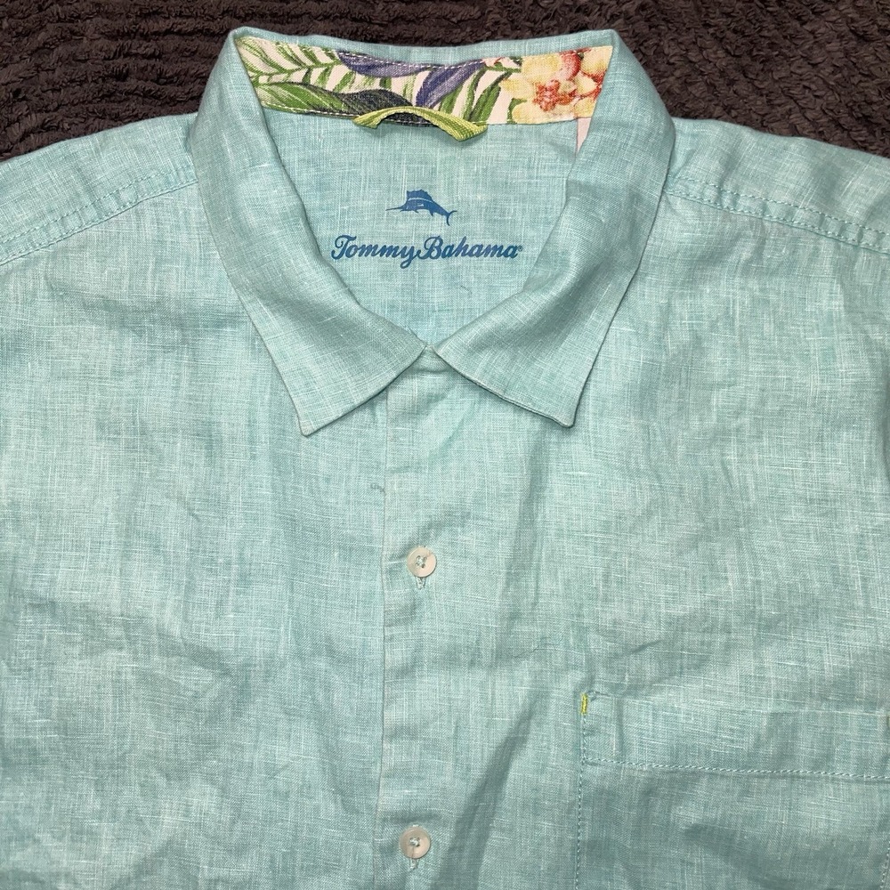 Tommy Bahama Mens Linen Shirt L Green Short‎ Sleeve Button Front Island